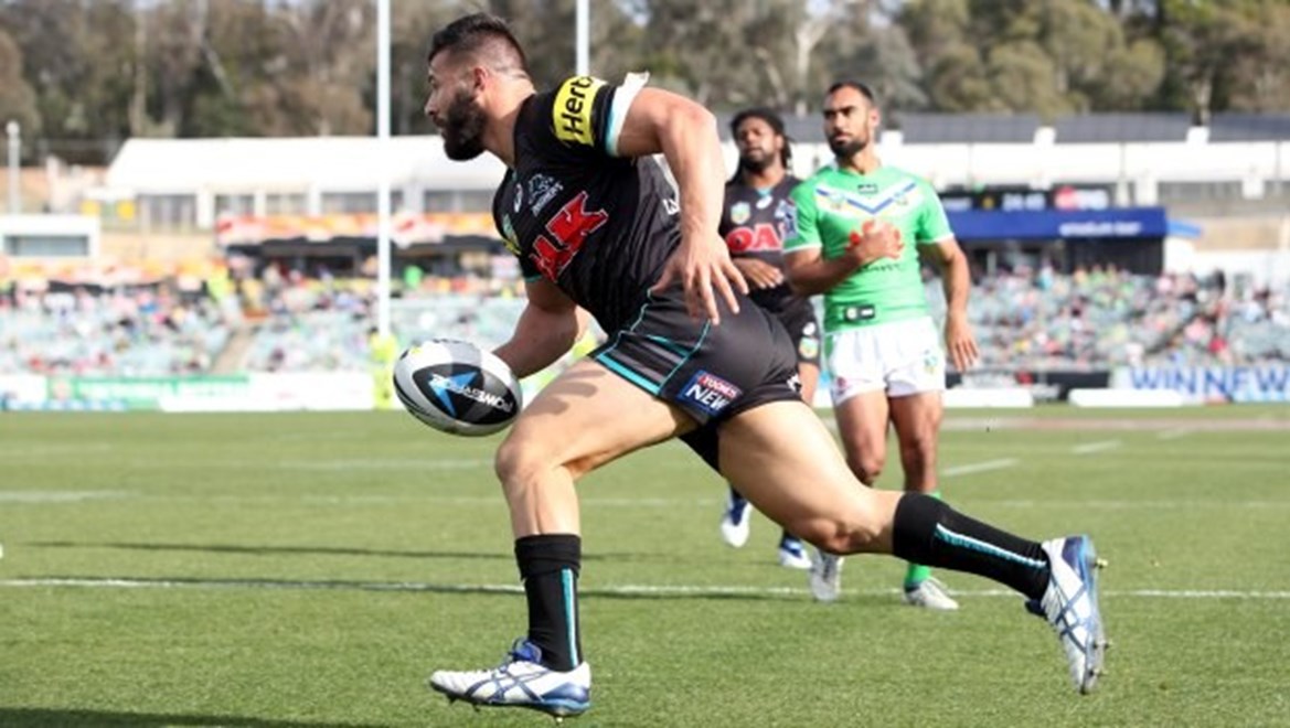 Digital Image by Robb Cox ©nrlphotos.com: Josh Mansour crosses the line :NRL Rugby League;  Canberra Raiders V Penrith Panthers, at Canberra Stadium, Sunday the 18th of May 2014.