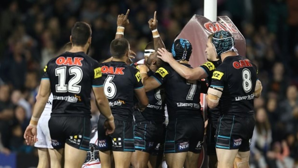 Digital Image Grant Trouville  © nrlphotos.com : Panthers Celebrate after James Segeyaro scores  : NRL Rugby League Round 26 - Penrith Panthers v NZ Warriors at Penrith Stadium Sunday 7th of September 2014.