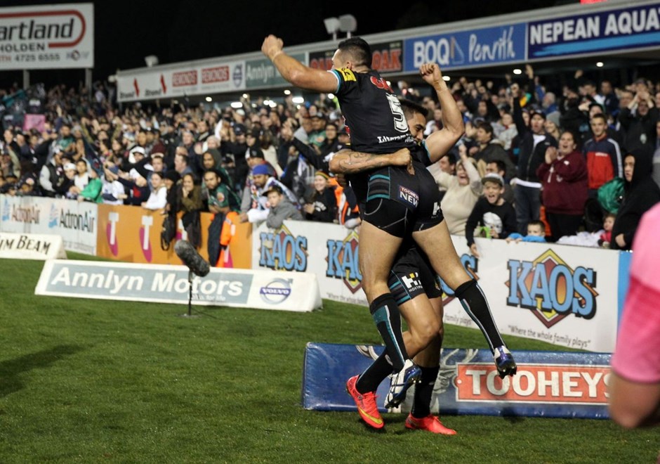 Digital Image Grant Trouville  Â© nrlphotos.com : Panthers Celebrate after Watene-Zelezniak scores  : NRL Rugby League Round 26 - Penrith Panthers v NZ Warriors at Penrith Stadium Sunday 7th of September 2014.