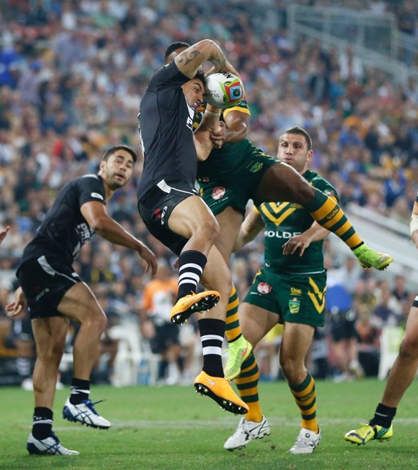Photo by Charles Knight copyright nrlphotos.com : Dean Whare goes up for the bal ahead of scoring for NZ. International Rugby League Australia v New Zealand, Saturday 25th Oct 2014, Suncorp Stadium, Brisbane.
