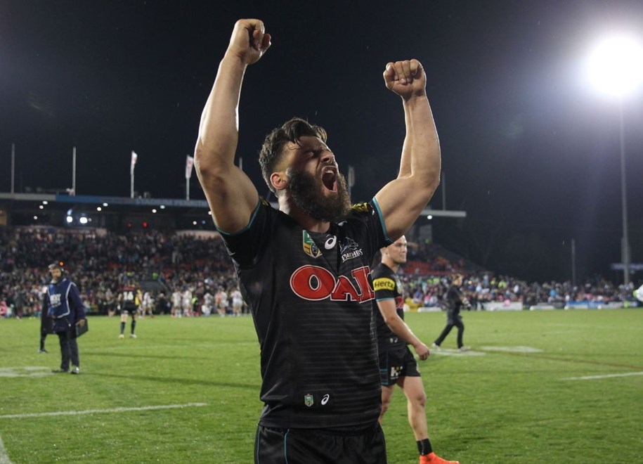 Digital Image Grant Trouville  Â© nrlphotos.com : Josh Mansour Celebrates  : NRL Rugby League Round 26 - Penrith Panthers v NZ Warriors at Penrith Stadium Sunday 7th of September 2014.
