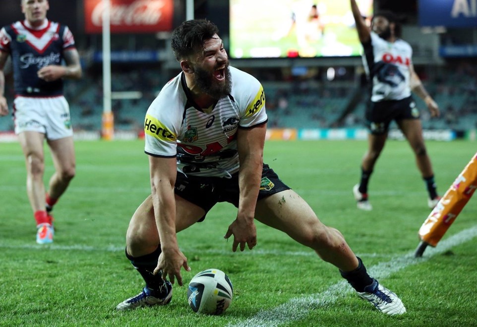 Digital Image by Robb Cox Â©nrlphotos.com: Josh Mansour celebrates his try :NRL Rugby League - First Qualifying Final, Sydney Roosters V Penrith Panthers at Allianz Stadium, Saturday September 13th 2014.