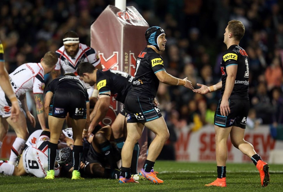 Digital Image Grant Trouville  Â© nrlphotos.com : Panthers Celebrate after James Segeyaro scores  : NRL Rugby League Round 26 - Penrith Panthers v NZ Warriors at Penrith Stadium Sunday 7th of September 2014.
