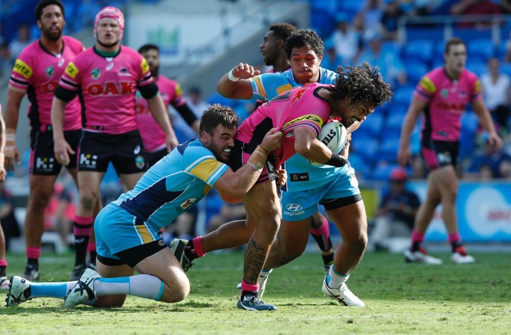 Sika Manu : Digital Image Charles Knight Â© NRLphotos. NRL Rugby League, Gold Coast Titans v Penrith Panthers at Cbus Super Stadium, Gold Coast, April 18th 2015.