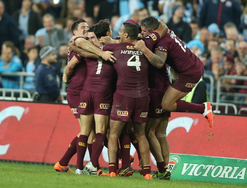Digital Image by Anthony Johnson copyright Â© nrlphotos.com:  Maroons celebrate : 2015 NRL State of Origin Newcastle New South Wales Blues vs Queensland Maroons at ANZ Stadium Wednesday May 27th 2015