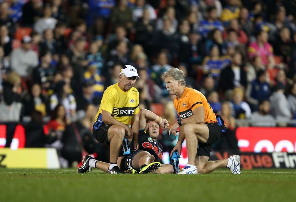 Matt Moylan injured leg : Digital Photograph by Robb Cox Â© NRL Photos : NRL: Rugby League, Penrith Panthers Vs Parramatta Eels at Pepper Stadium, Penrith. Friday 29th May 2015.