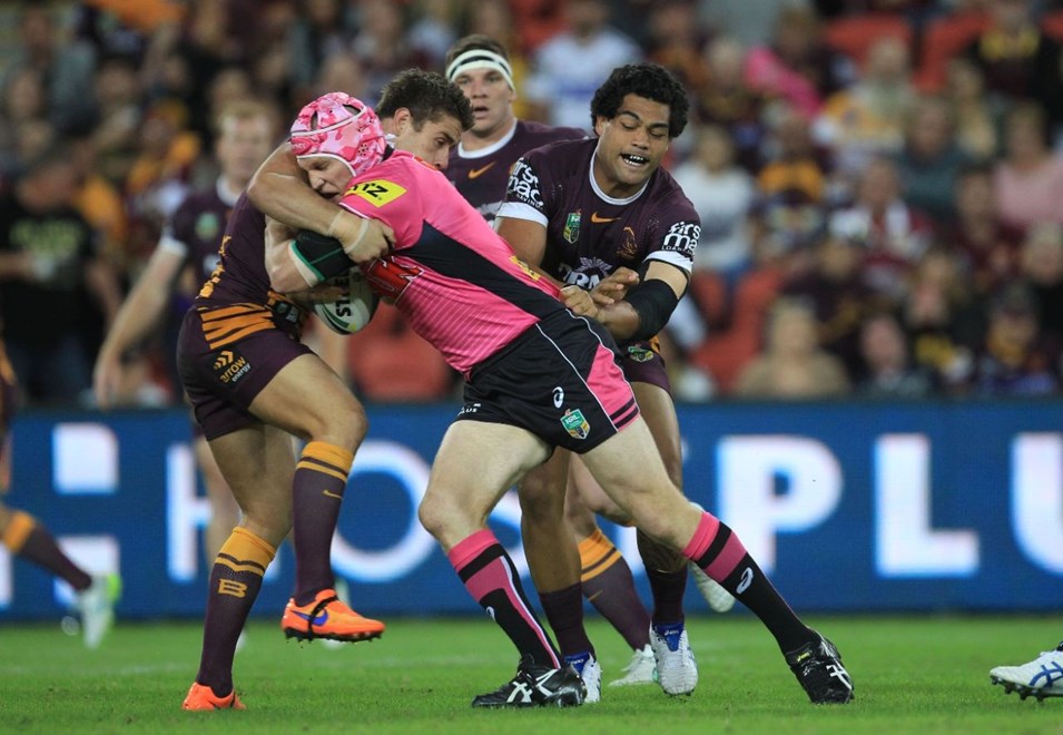 :	Digital Image by Colin Whelan copyright © nriphotos.    Nigel Plum stopped by McCullough and Blair         NRL Rugby League, Round 9 Brisbane Broncos v Penrith Panthers at Suncorp Stadium, Friday May8th  2015.