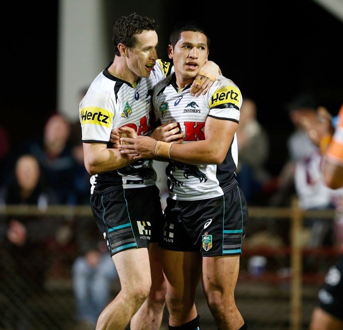 Dallin Watene-Zelezniak celebrates his try : Digital Image by Robb Cox Â©nrlphotos.com : : NRL Rugby League - Manly-Warringah Sea Eagles V Penrith Panthgers at Brookvale Oval, Monday May 18th 2015.
