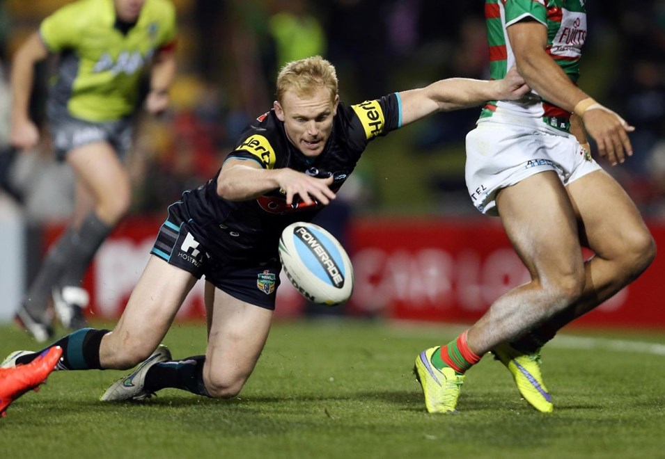Peter Wallace about to pounce on a loose ball in the in-goal for a try :NRL Rugby League - Panthers V Rabbitohs, at Pepper Stadium, Friday July 3rd 2015. Digital Image by Robb Cox Â©nrlphotos.com