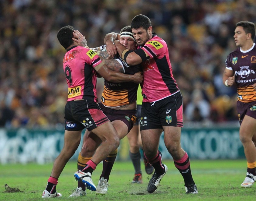 :	Digital Image by Colin Whelan copyright © nriphotos.    Josh McGuire grabbed by Sam McHendry         NRL Rugby League, Round 9 Brisbane Broncos v Penrith Panthers at Suncorp Stadium, Friday May8th  2015.