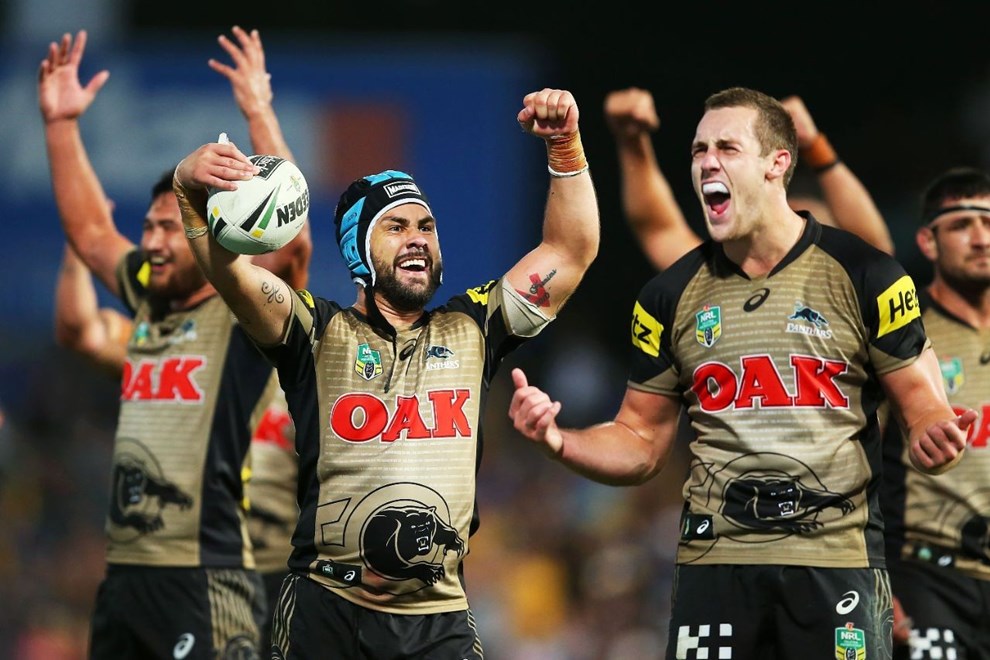 SYDNEY, NEW SOUTH WALES - APRIL 03:  Jamie Soward and Isaah Yeo of the Panthers celebrate after team mate Bryce Cartwright scores the winning try during the round five NRL match between the Parramatta Eels and the Penrith Panthers at Pirtek Stadium on April 3, 2016 in Sydney, Australia.  (Photo by Brendon Thorne/Getty Images)