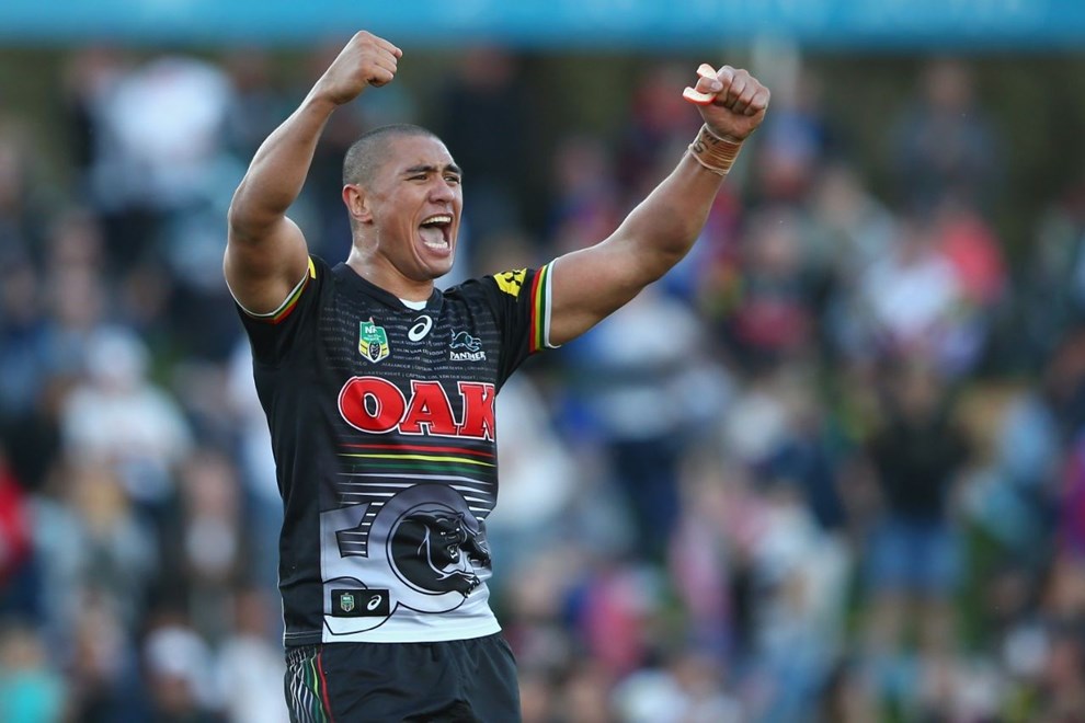 BATHURST, AUSTRALIA - APRIL 30:  Leilani Latu of the Panthers celebrates victory during the round nine NRL match between the Penrith Panthers and the Canberra Raiders at Carrington Park on April 30, 2016 in Bathurst, Australia.  (Photo by Mark Kolbe/Getty Images)
