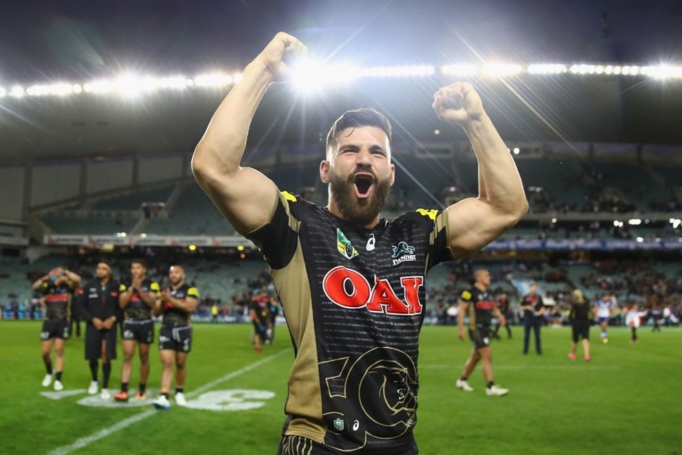 SYDNEY, AUSTRALIA - SEPTEMBER 11:  Josh Mansour of the Panthers celebrates winning the NRL Elimination Final match between the Penrith Panthers and the Canterbury Bulldogs at Allianz Stadium on September 11, 2016 in Sydney, Australia.  (Photo by Cameron Spencer/Getty Images)