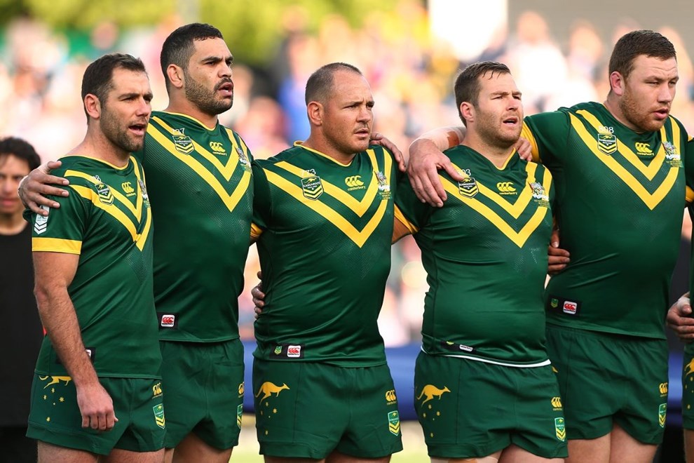 PERTH, AUSTRALIA - OCTOBER 15: Cameron Smith, Greg Inglis, Matt Scott, Trent Merrin and Shannon Boyd of Australia line up for the Australian national anthem during the International Rugby League Test match between the Australian Kangaroos and the New Zealand Kiwis at nib Stadium on October 15, 2016 in Perth, Australia.  (Photo by Paul Kane/Getty Images)