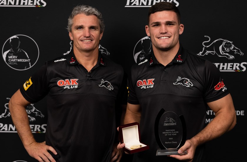 Ivan Cleary with Nathan Cleary and his two major awards.
