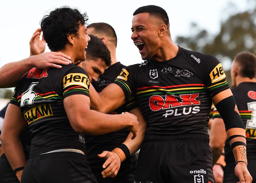 Jarome Luai and Stephen Crichton celebrate a try against the Cowboys in Round 10 at Panthers Stadium