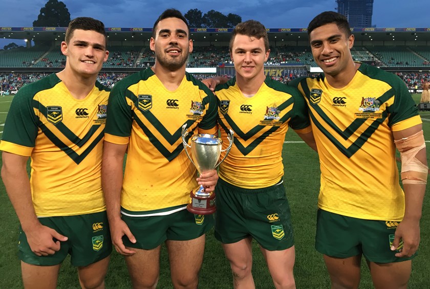 Nathan Cleary, Tyrone May, Dylan Edwards and Robert Jennings with the Junior Kangaroos in 2016.