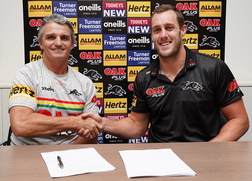 Panthers coach Ivan Cleary with Isaah Yeo.
