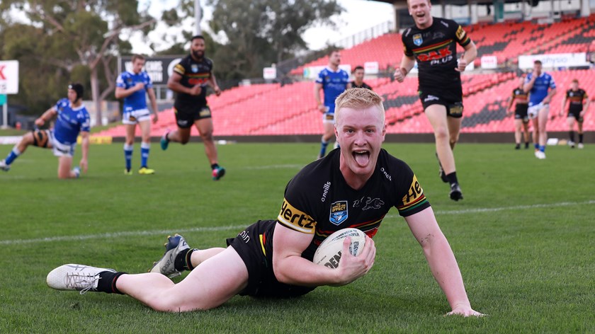 Thomas Jenkins celebrates after scoring in the Round 9 NSW Cup clash against Newtown Jets.