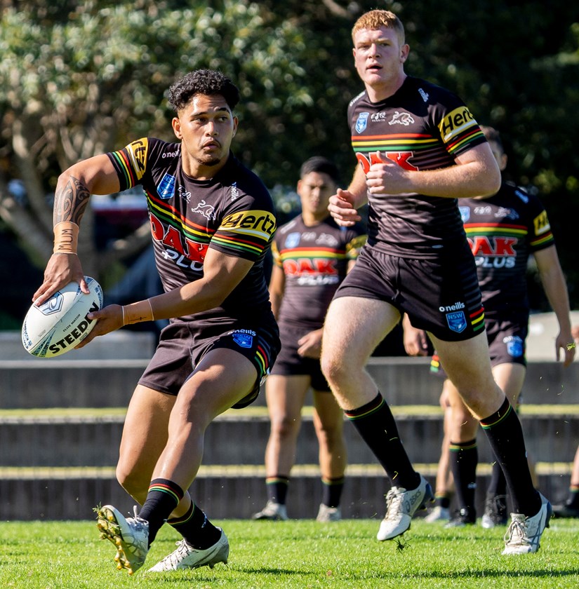Niwhai Puru and Brad Fearnley in action for the Panthers Jersey Flegg side in Round 11, 2021.