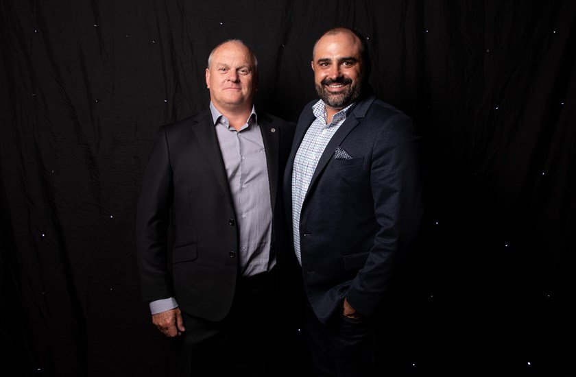 Panthers Rugby League CEO Matt Cameron and Head of Motorola Australia and New Zealand Kurt Bonnici at the Panthers 2023 Season Launch.